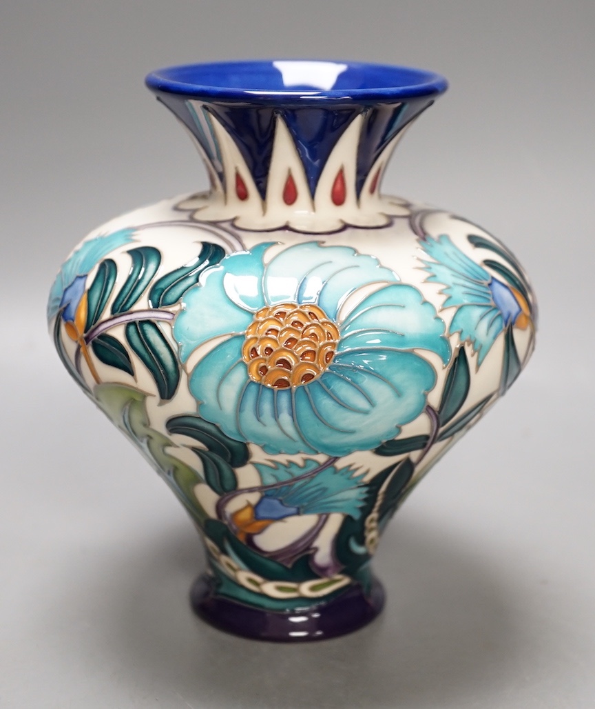 A Moorcroft 'Persian bouquet' trial vase by Emma Bossons, 3.2.21, boxed, 15.5 cms high.